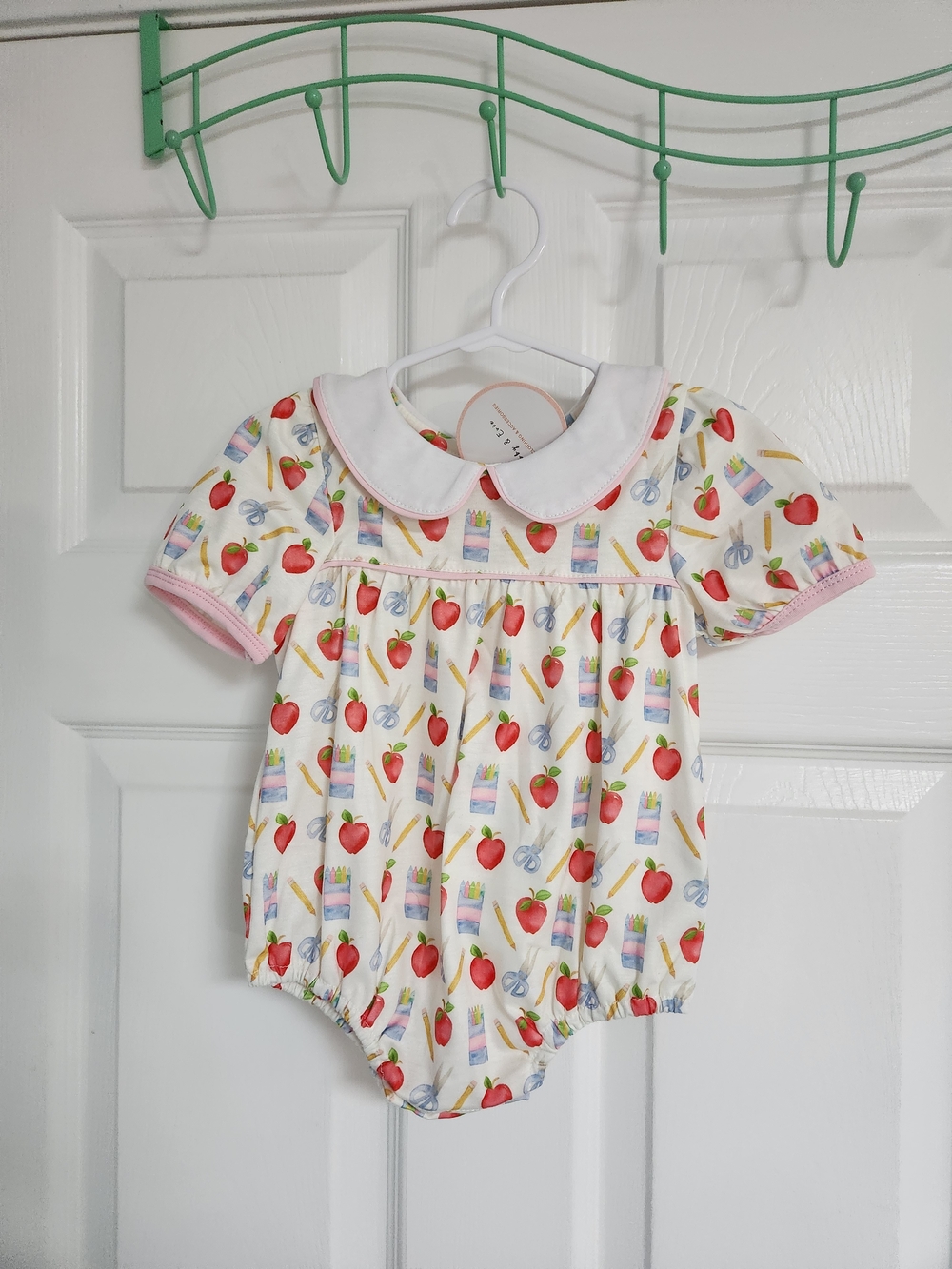 Baby Girls White School Supply Print One-Piece with Pink Trim